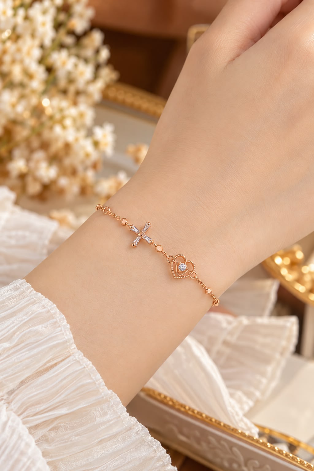 Rose Gold Cross Heart Bracelet