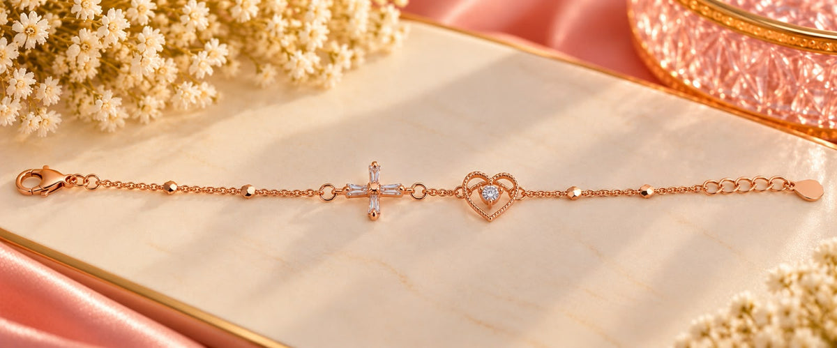 Rose Gold Cross Heart Bracelet