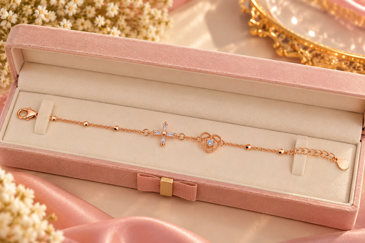Rose Gold Cross Heart Bracelet