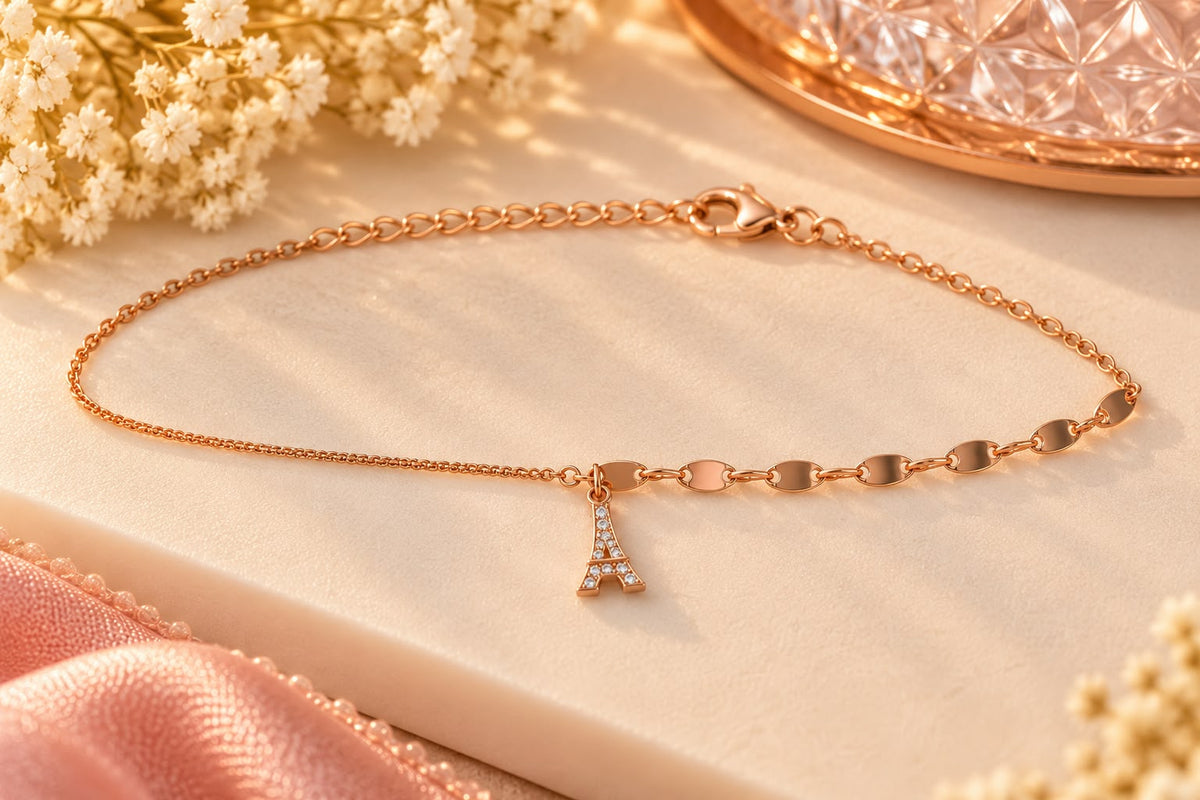 Rose Gold Eiffel Tower Charm Bracelet