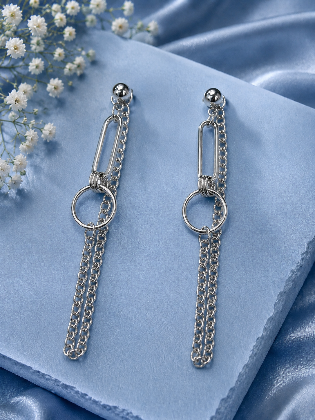 Silver Geometric Chain Drop Earrings