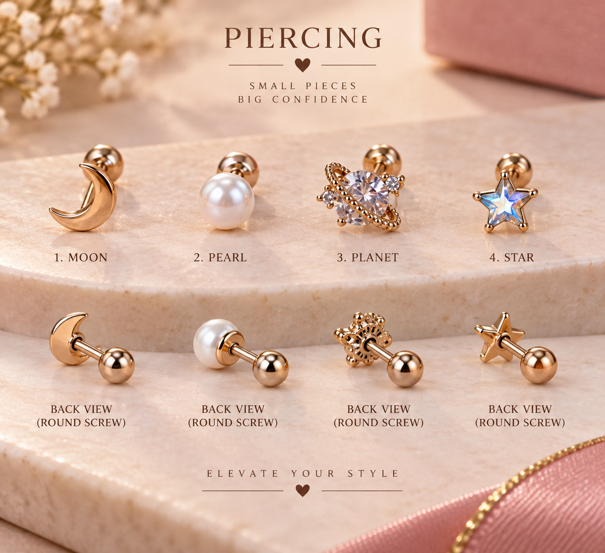 Rose Gold 4-Piece Piercing Stud Set