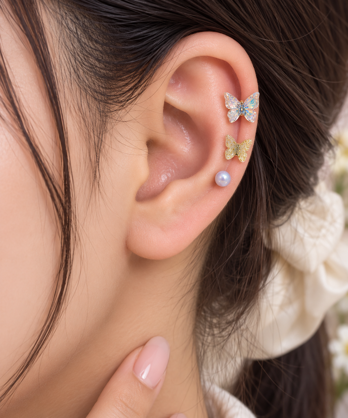 3-Piece Butterfly & Pearl Piercing Stud Set