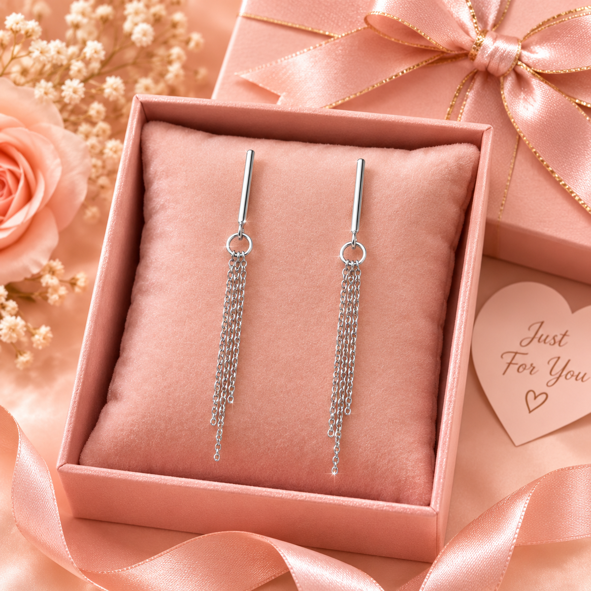 Silver Long Bar & Chain Drop Earrings