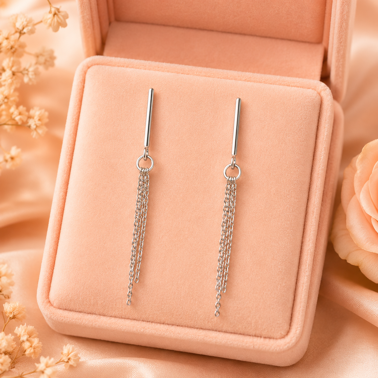 Silver Long Bar & Chain Drop Earrings