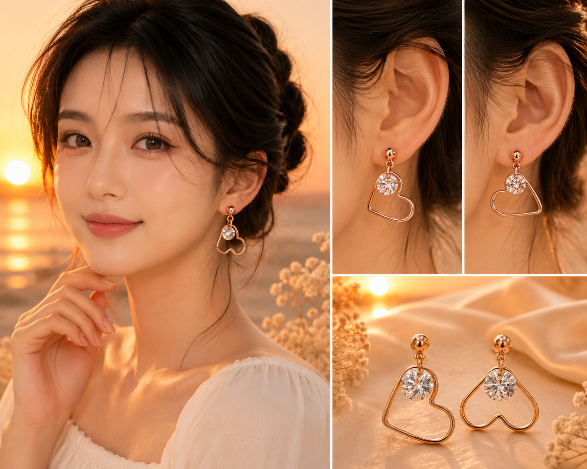 Rose Gold Heart-Shaped Crystal Drop Earrings