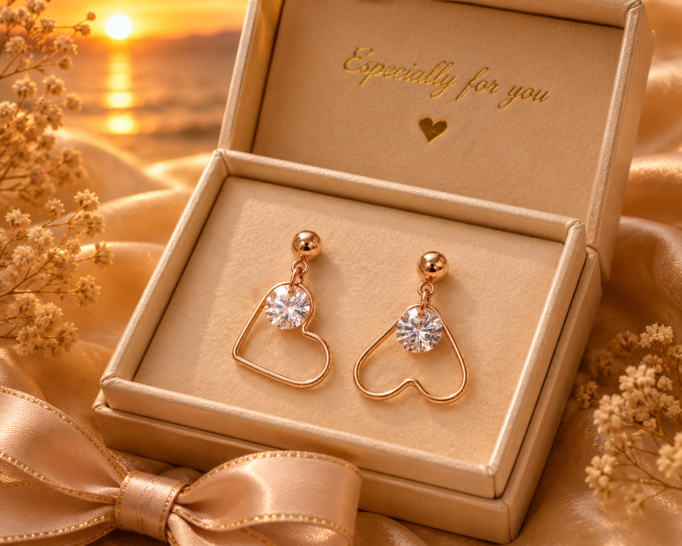Rose Gold Heart-Shaped Crystal Drop Earrings