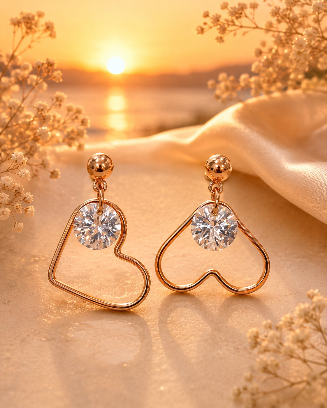 Rose Gold Heart-Shaped Crystal Drop Earrings