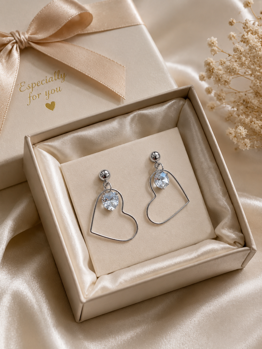 Silver Heart Drop Earrings
