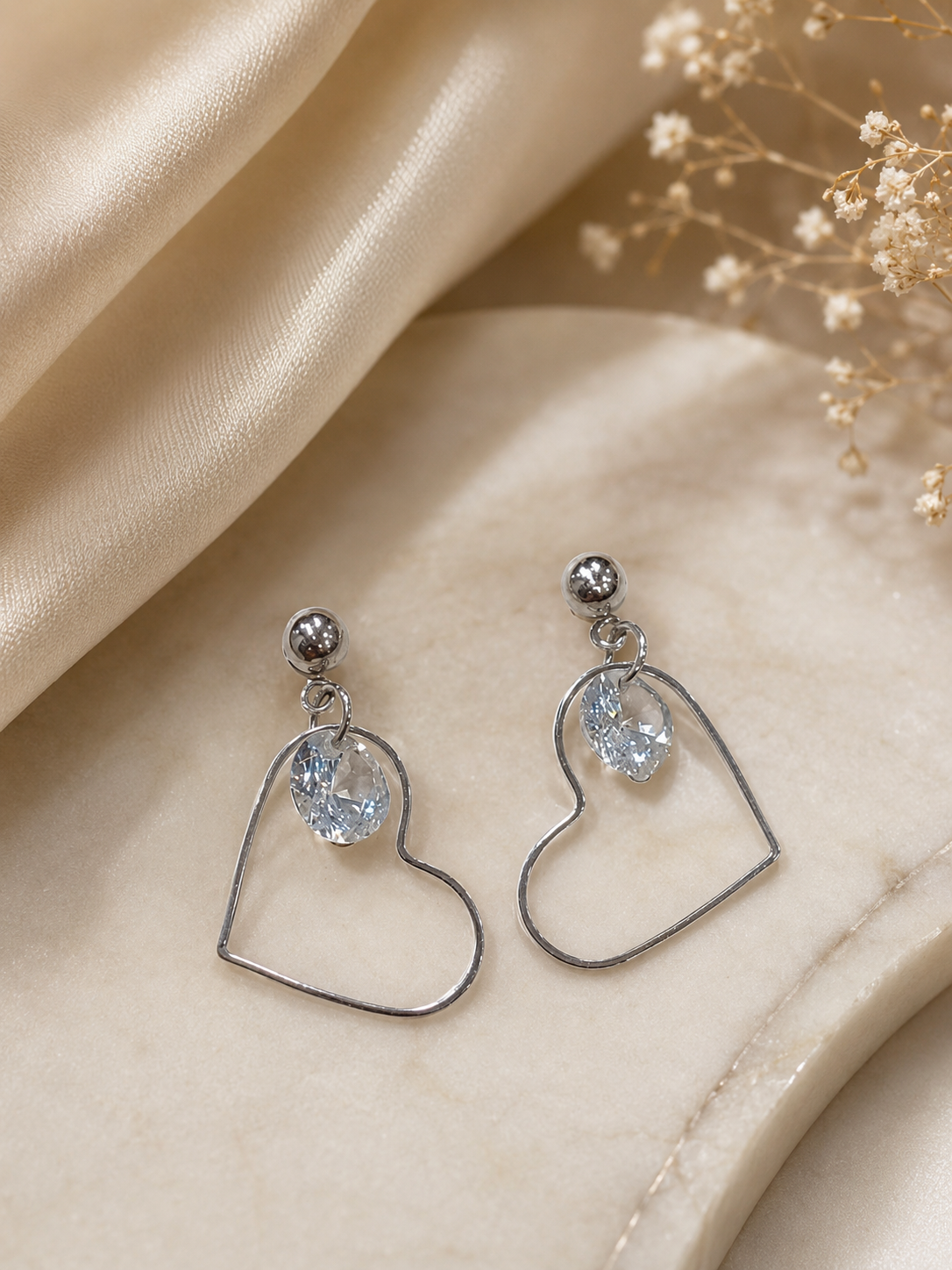 Silver Heart Drop Earrings