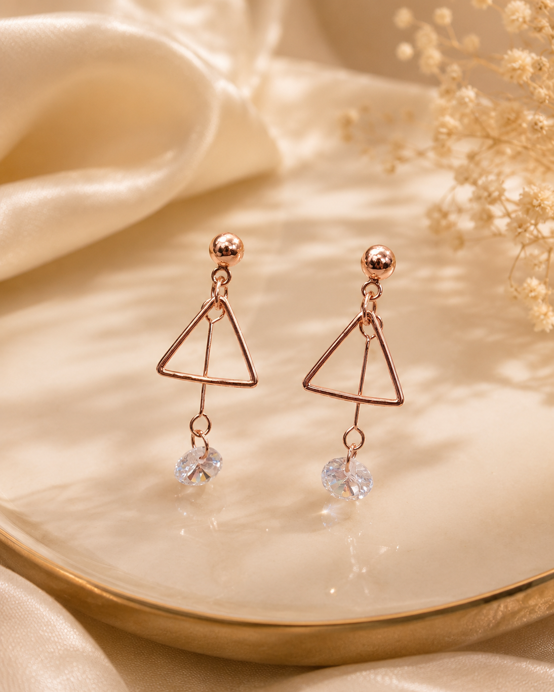 Gold Geometric Triangle Crystal Drop Earrings