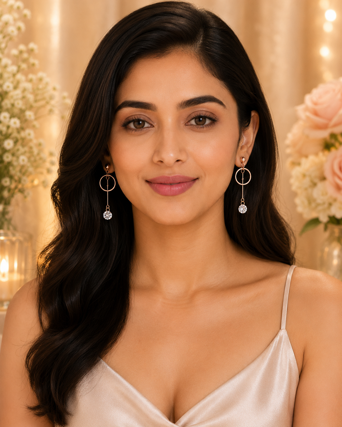 Rose Gold Crystal Circle Drop Earrings