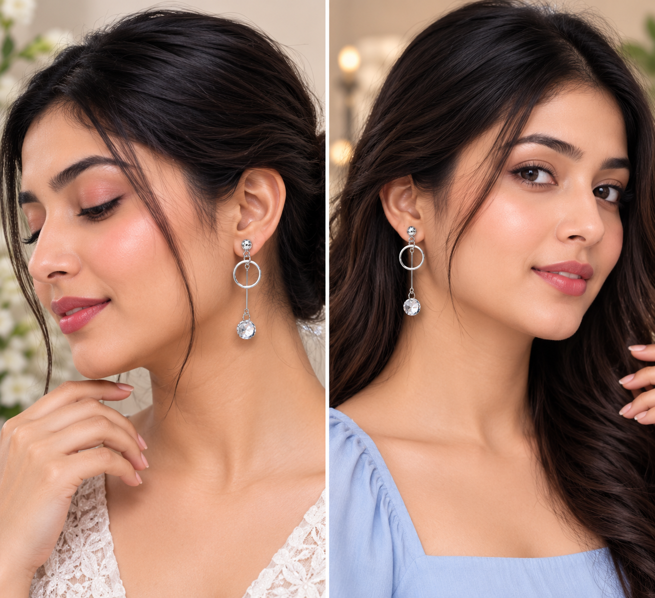 Silver Circle Crystal Drop Earrings