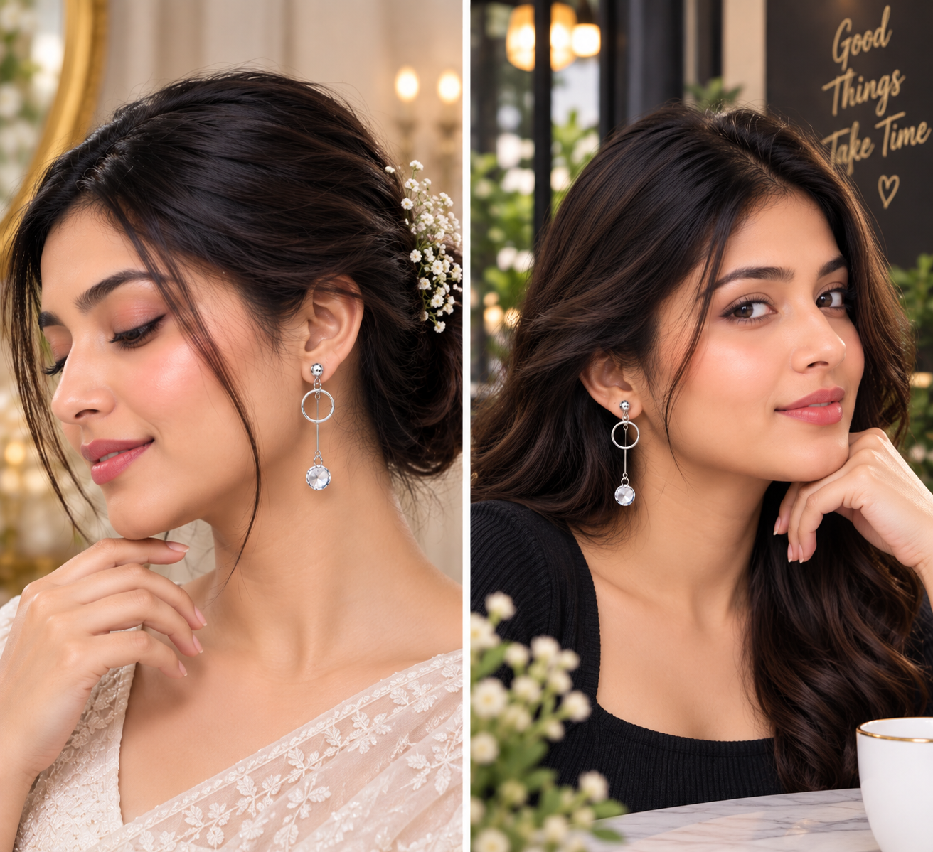Silver Circle Crystal Drop Earrings