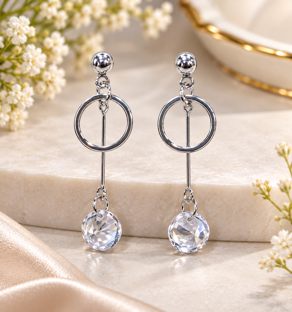 Silver Circle Crystal Drop Earrings