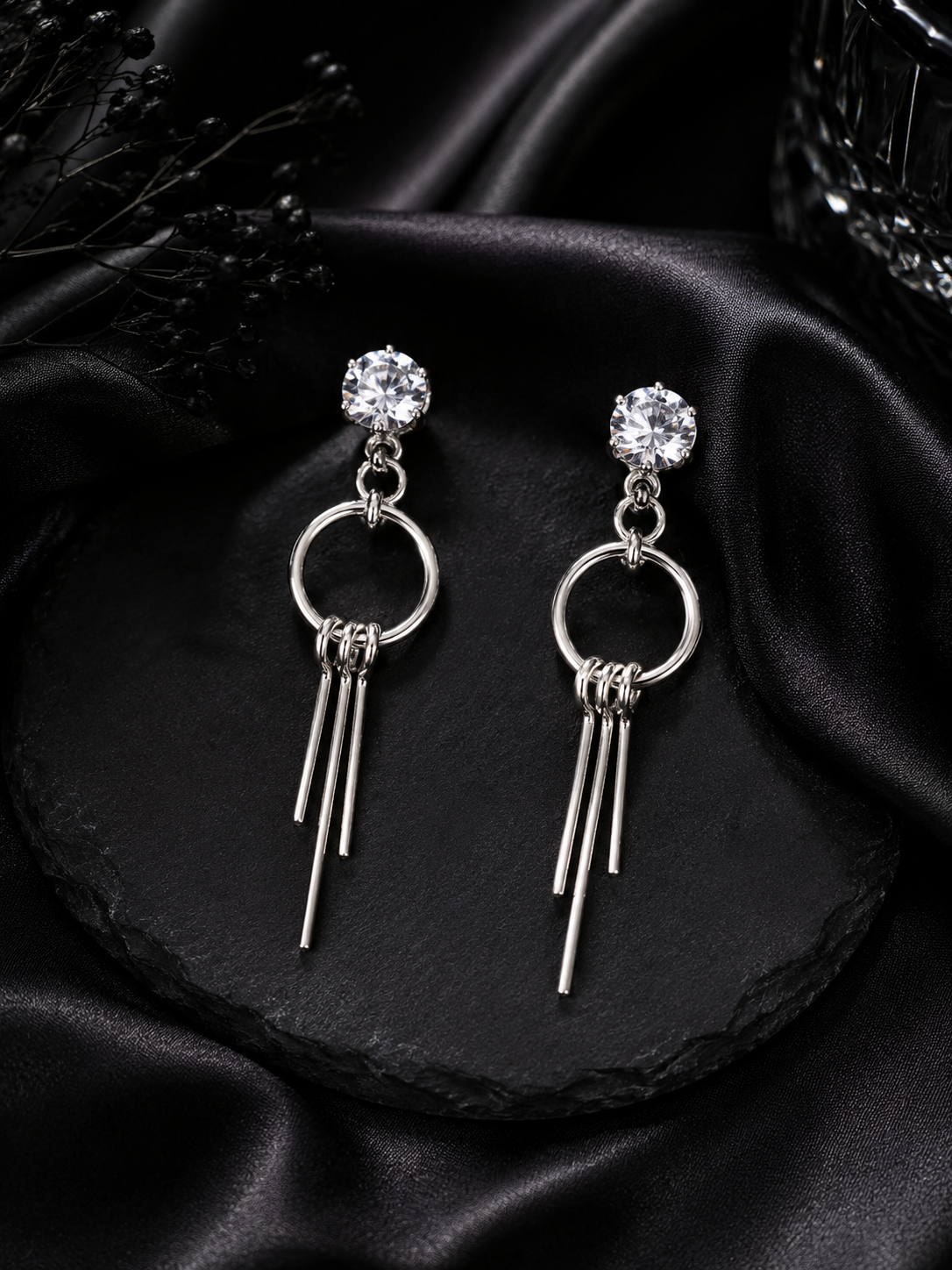 Silver Crystal Circle Drop Earrings