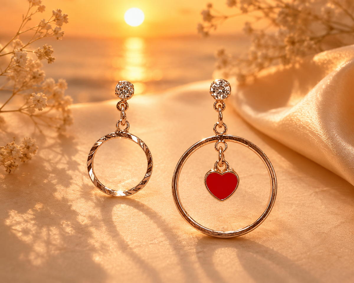 Gold Heart Circle Mismatched Earrings