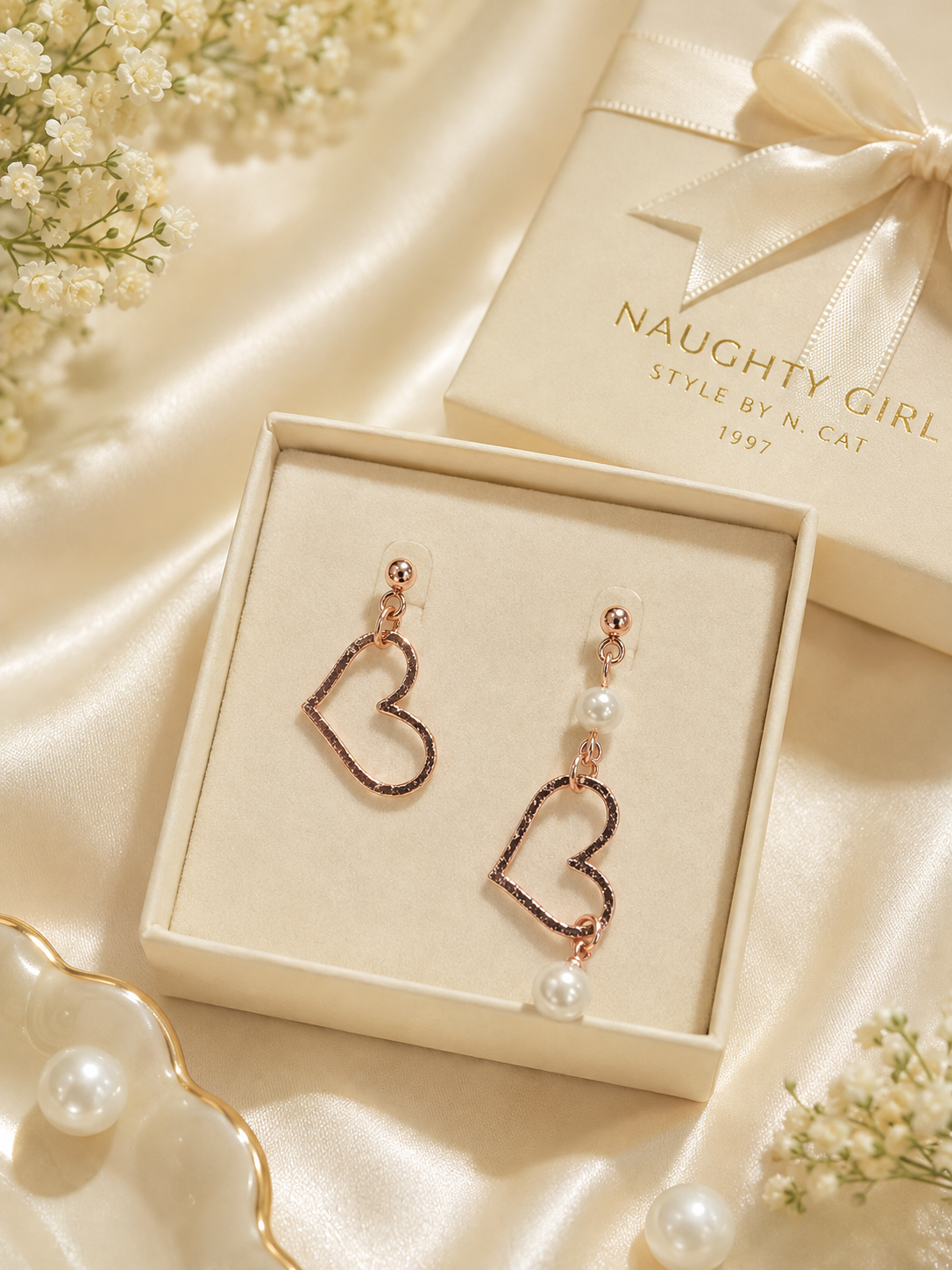 Rose Gold Heart Pearl Mismatched Earrings