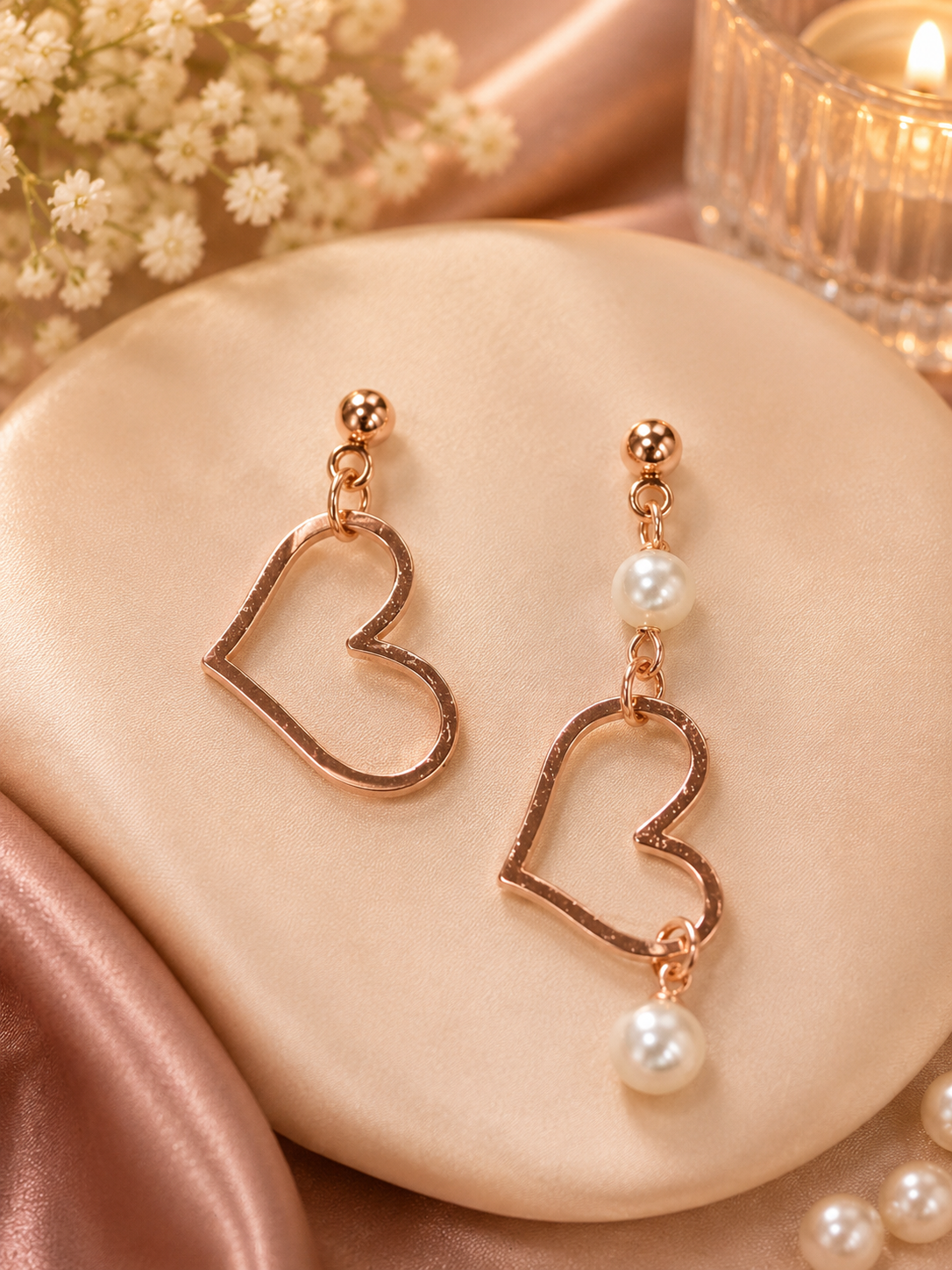 Rose Gold Heart Pearl Mismatched Earrings