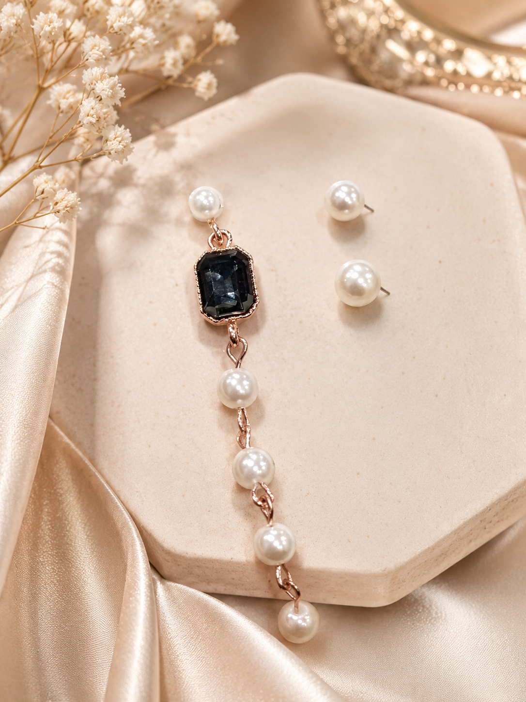 Black Stone & Pearl Mismatched Earrings