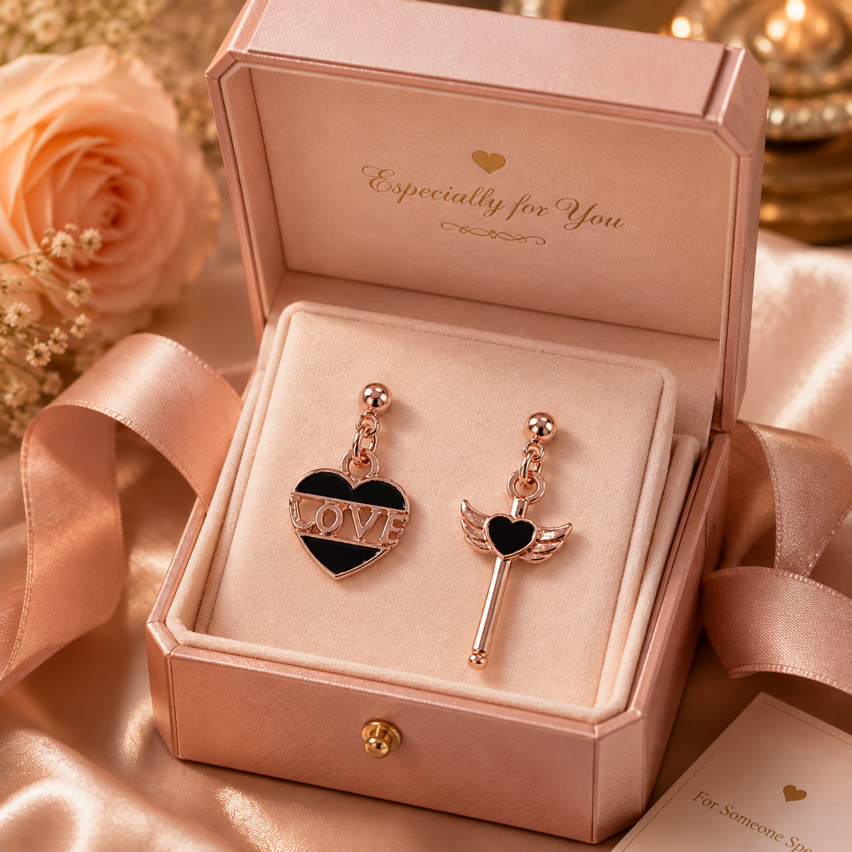 Rose Gold Love Heart Mismatched Earrings