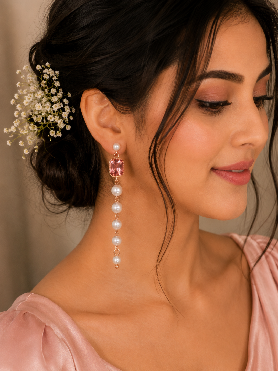 Pearl & Pink Crystal Drop Earrings