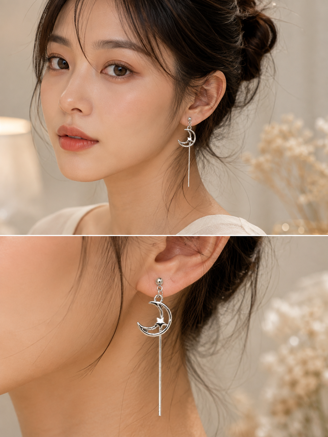 Silver Moon & Star Long Drop Earrings