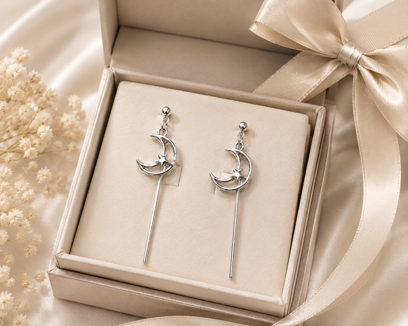 Silver Moon & Star Long Drop Earrings