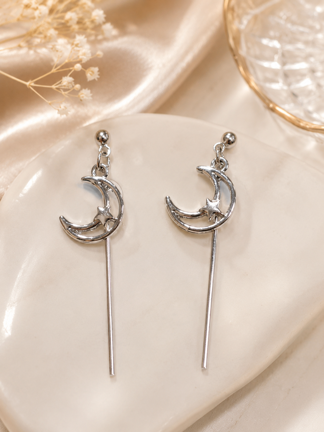 Silver Moon & Star Long Drop Earrings