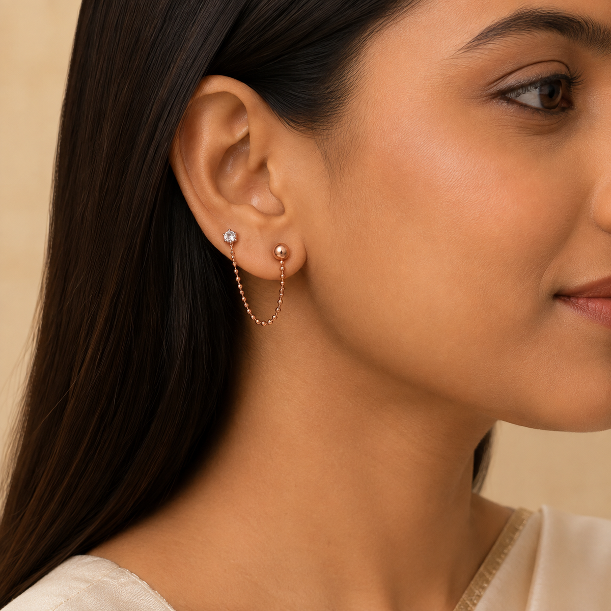 Rose Gold Crystal Chain Mismatched Earrings