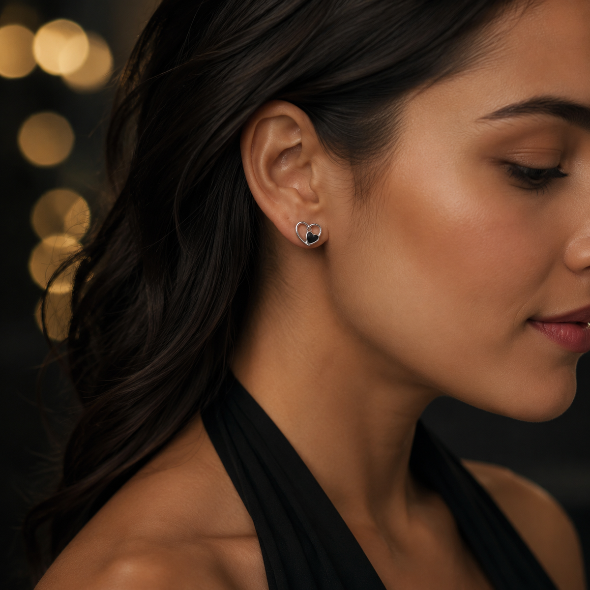 Silver-Tone Double Heart Black Stud Earrings