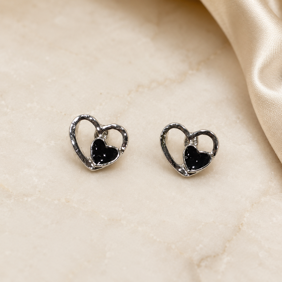 Silver-Tone Double Heart Black Stud Earrings