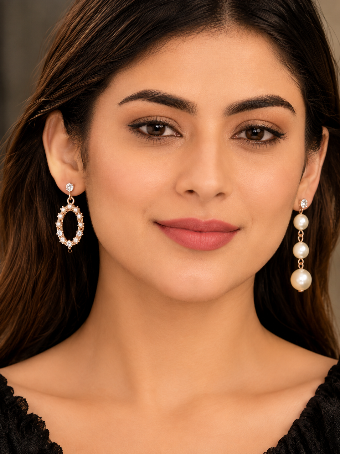 Rose Gold Pearl & Crystal Mismatched Drop Earrings
