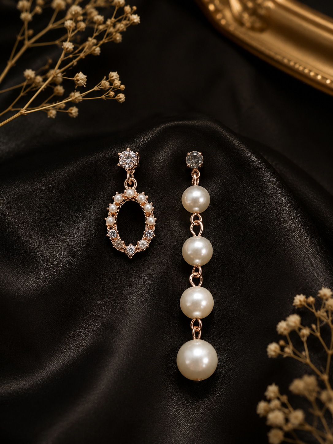 Rose Gold Pearl & Crystal Mismatched Drop Earrings