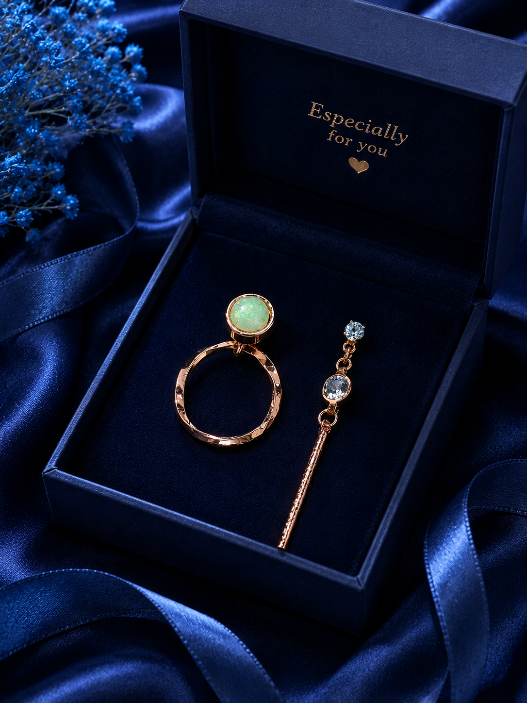 Rose Gold Mismatched Green Stone & Crystal Drop Earrings