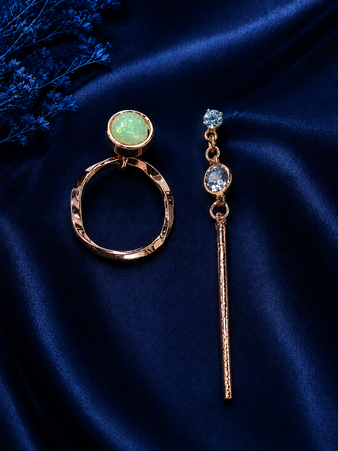 Rose Gold Mismatched Green Stone & Crystal Drop Earrings