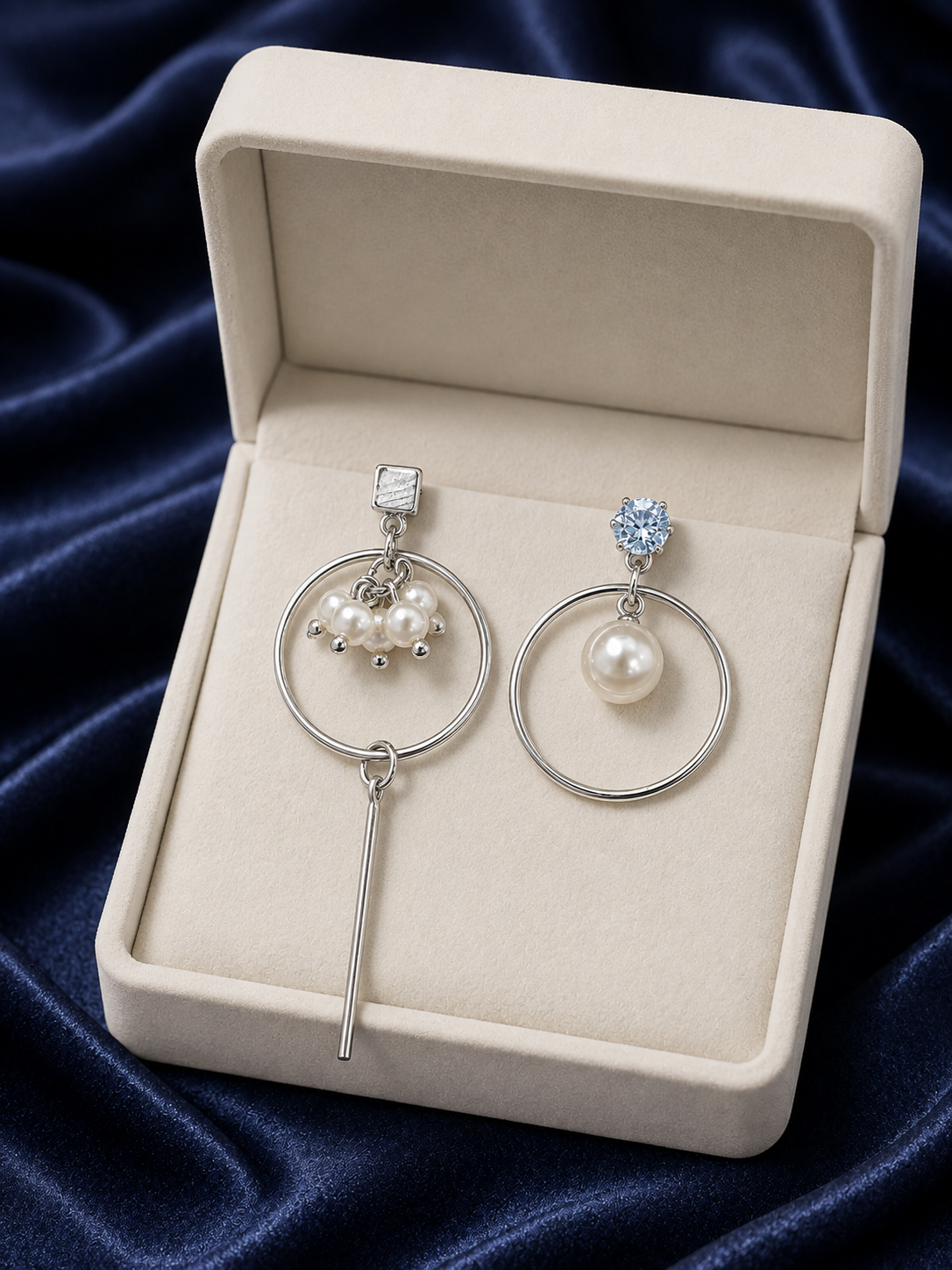 Silver-Tone Mismatched Pearl Hoop Drop Earrings