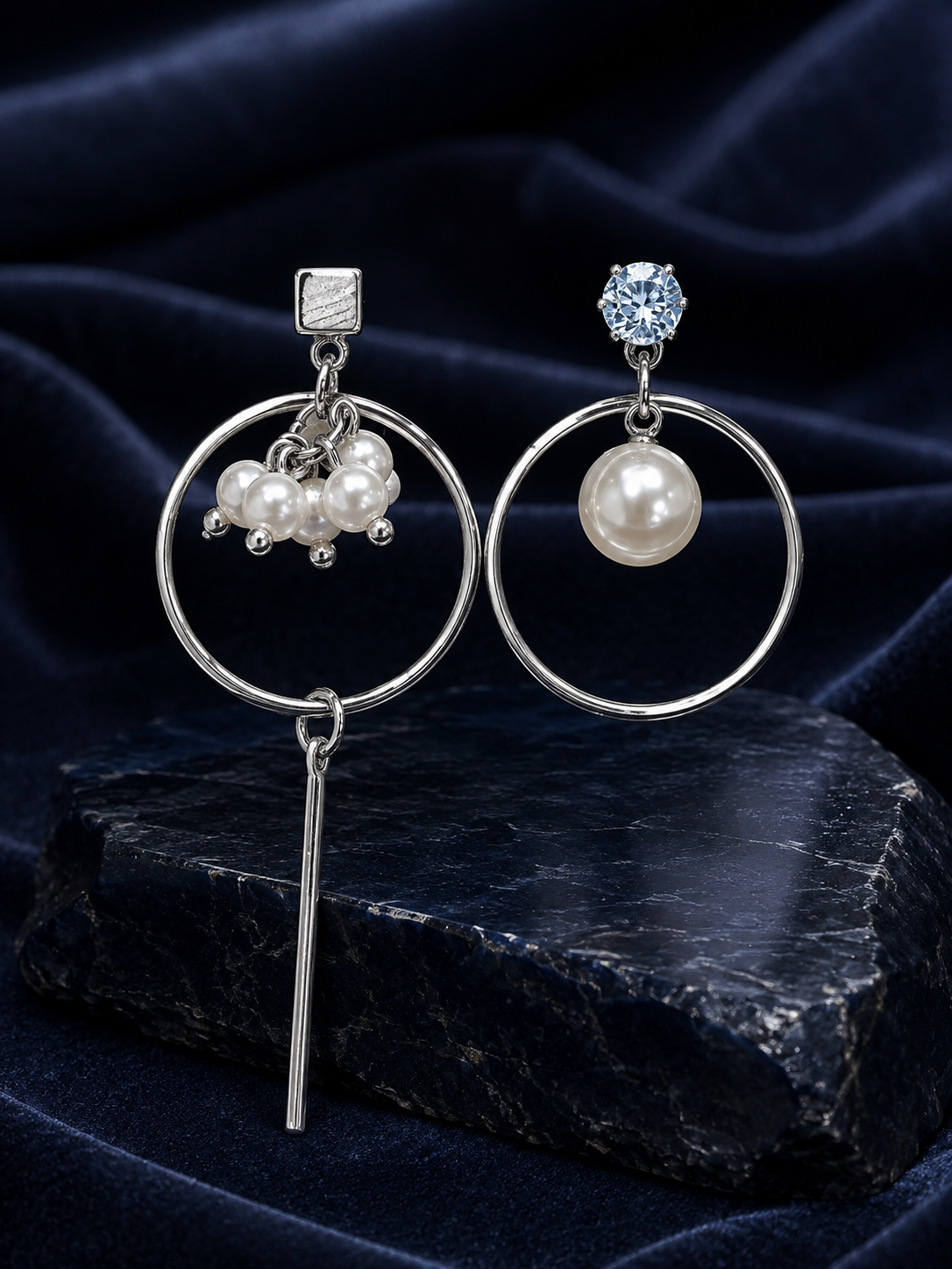 Silver-Tone Mismatched Pearl Hoop Drop Earrings
