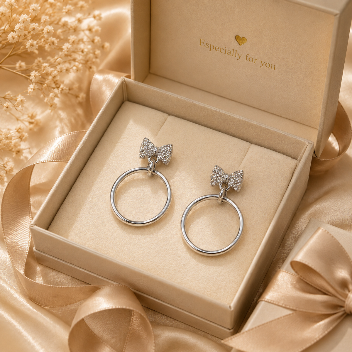 Silver-Tone Bow & Hoop Crystal Drop Earrings