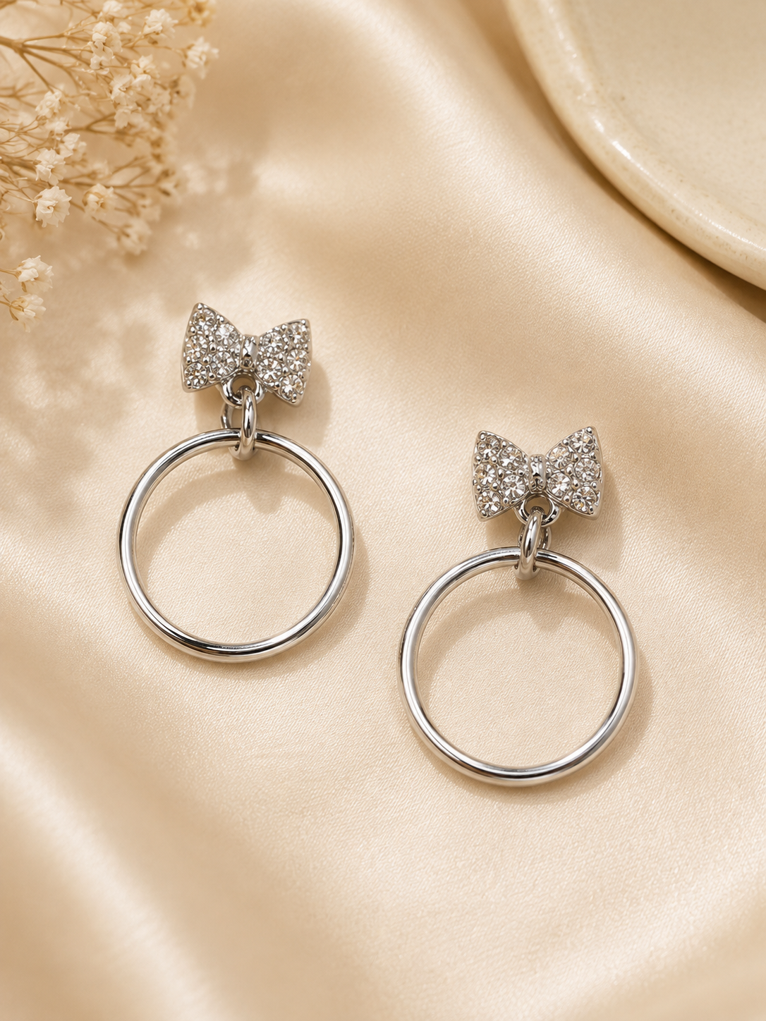 Silver-Tone Bow & Hoop Crystal Drop Earrings