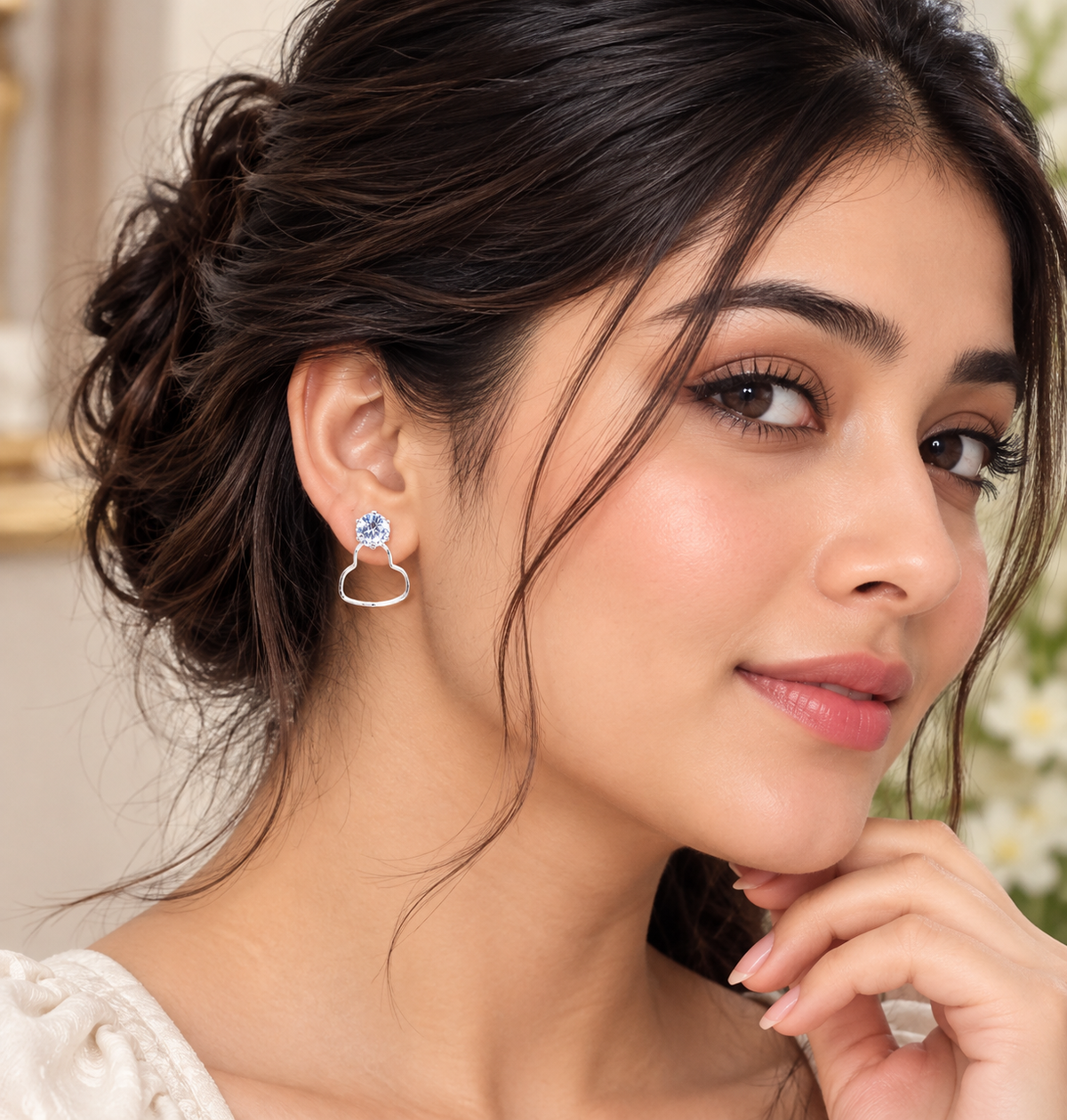 Silver-Tone Blue Crystal Heart Hoop Earrings