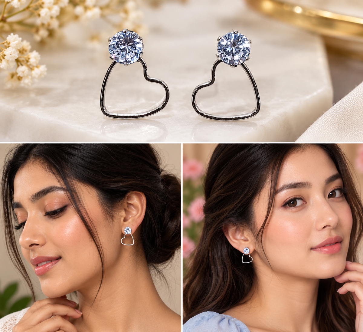 Silver-Tone Blue Crystal Heart Hoop Earrings