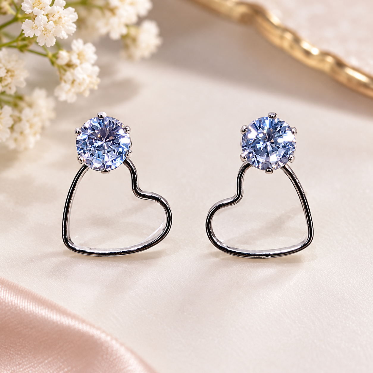 Silver-Tone Blue Crystal Heart Hoop Earrings