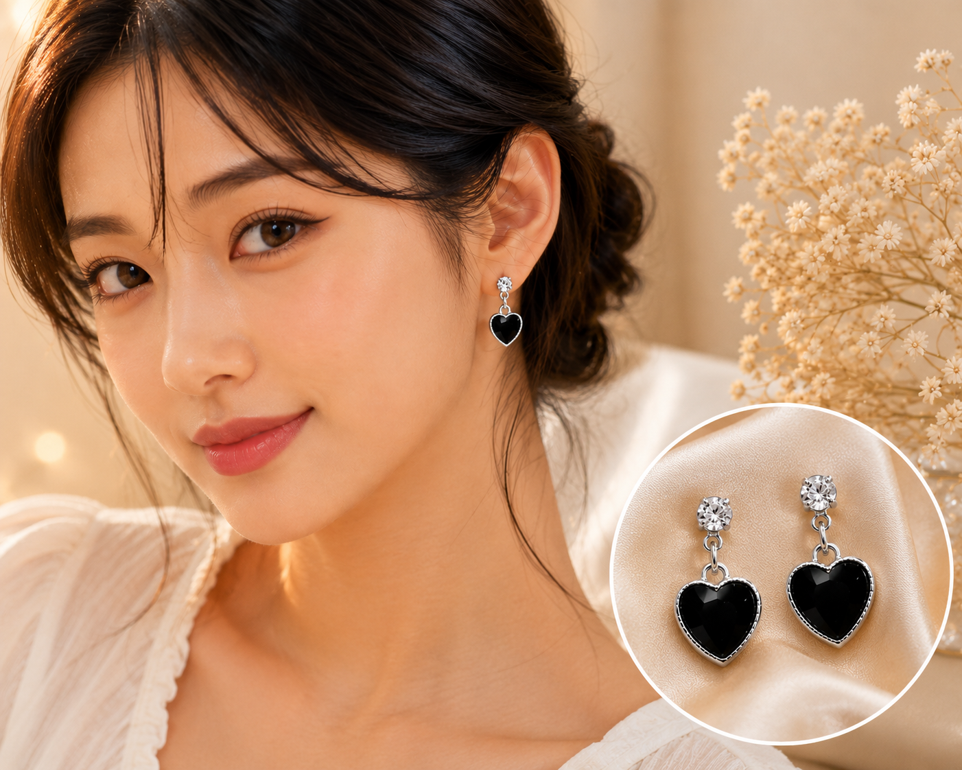 Silver-Tone Black Heart Crystal Drop Earrings