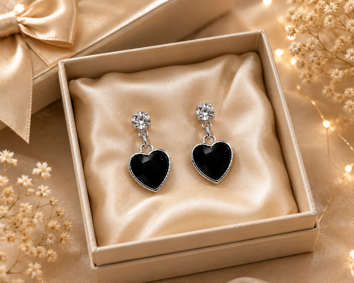 Silver-Tone Black Heart Crystal Drop Earrings