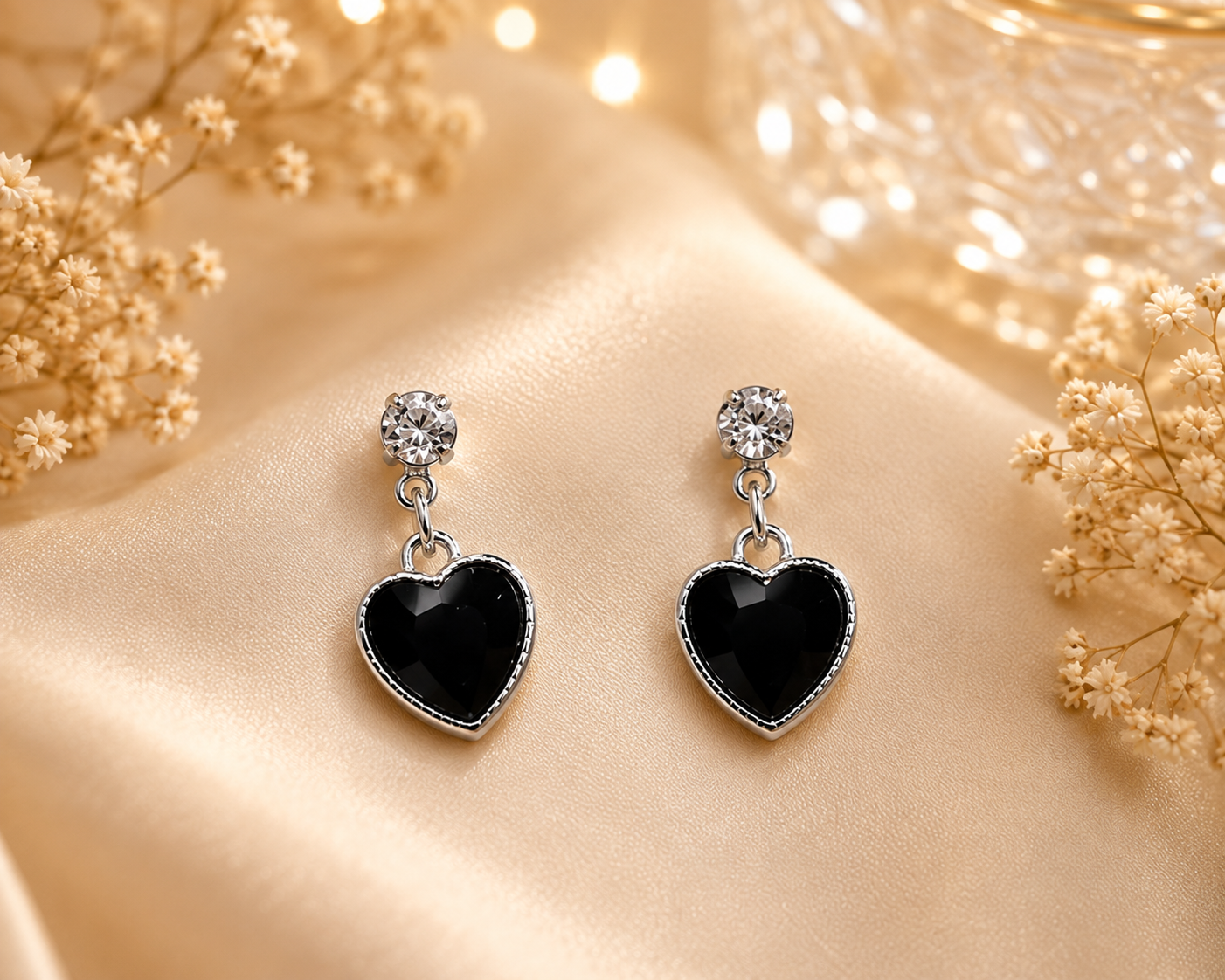 Silver-Tone Black Heart Crystal Drop Earrings