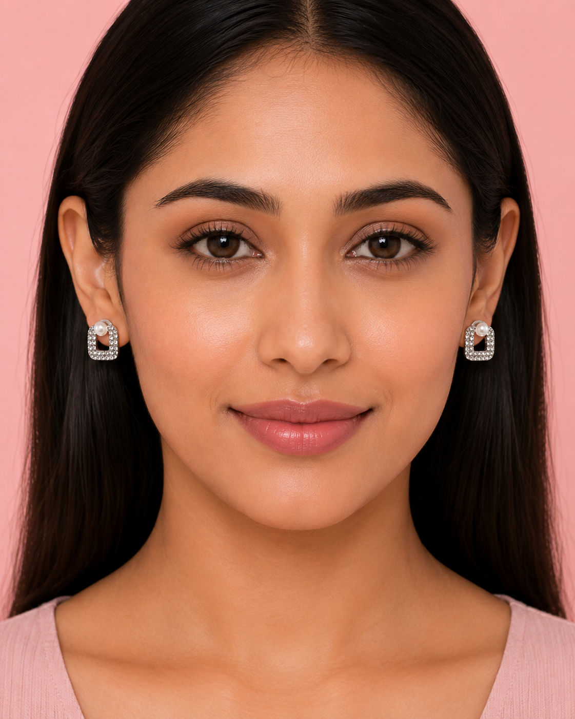 Silver-Tone Pearl & Crystal Square Stud Earrings