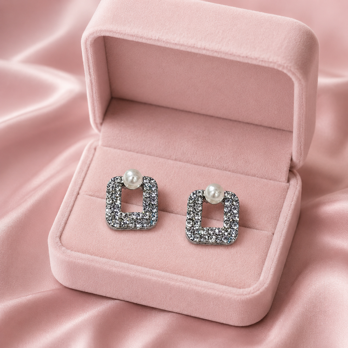 Silver-Tone Pearl & Crystal Square Stud Earrings