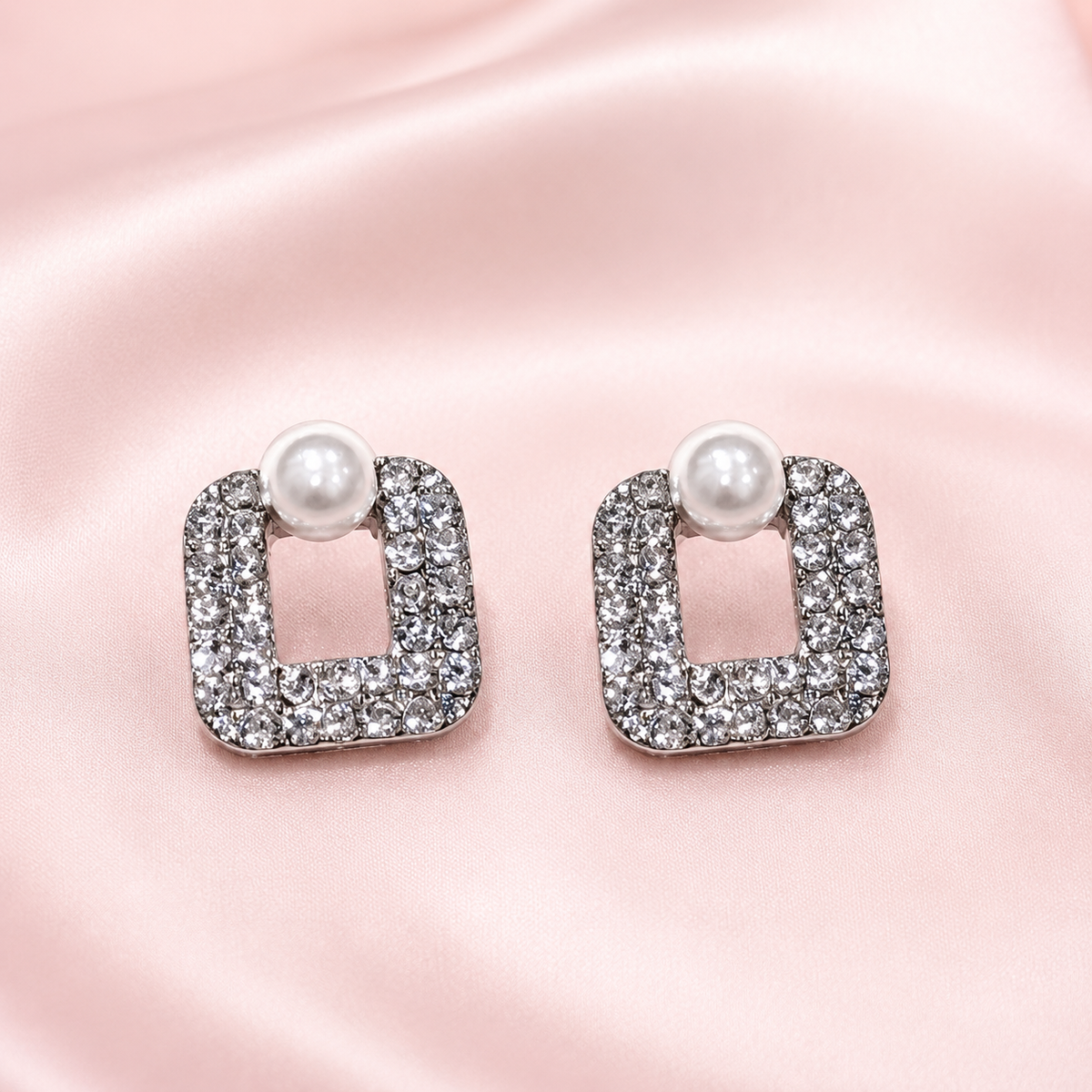Silver-Tone Pearl & Crystal Square Stud Earrings