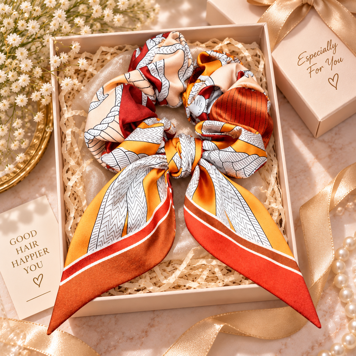 Small Orange Red Printed Hair Scrunchie